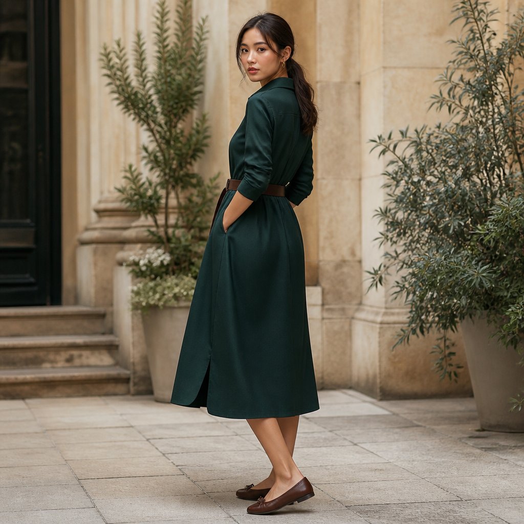 Dark autumn outfit with a dark green shirt dress, espresso belt, chocolate flats, and hoop earrings on an adult woman in a city courtyard
