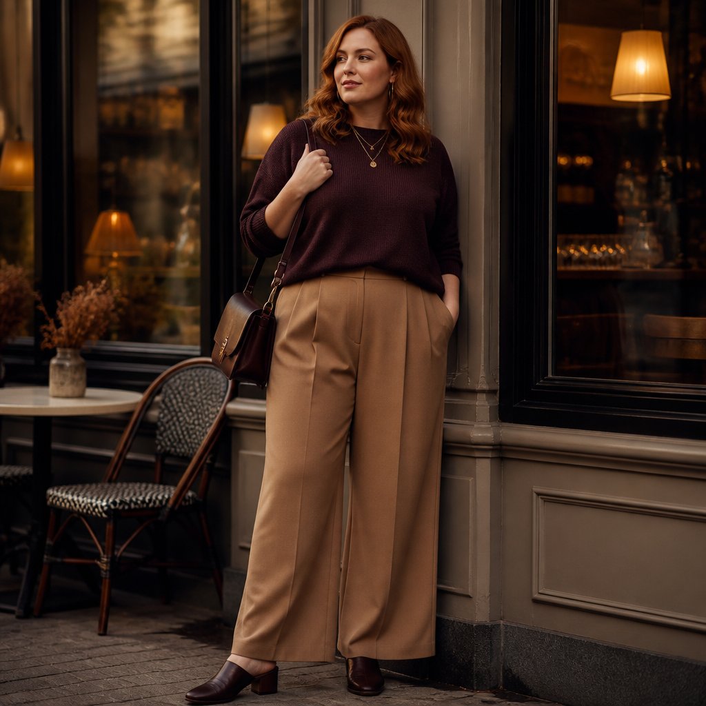 Dark autumn outfit with an aubergine knit top, camel wide-leg trousers, and dark brown mules on an adult woman posed in soft evening light