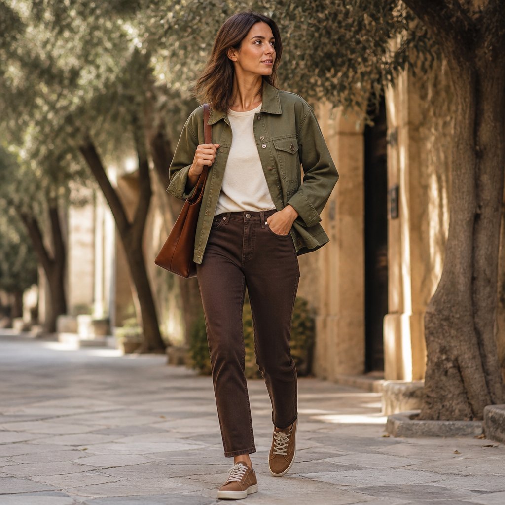 Dark autumn outfit with an olive jacket, ivory tee, espresso jeans, and cognac sneakers on an adult woman in a casual street setting