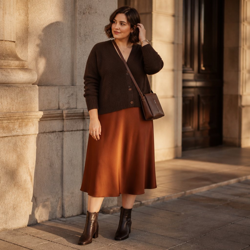 Dark autumn outfit with a chocolate cardigan, rust midi skirt, black-brown boots, and a simple crossbody on an adult woman standing near warm stone architecture