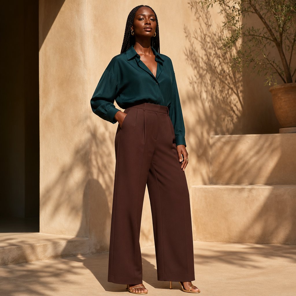 Dark autumn outfit with a dark teal blouse, deep brown trousers, and gold sandals on an adult woman in an airy outdoor setting