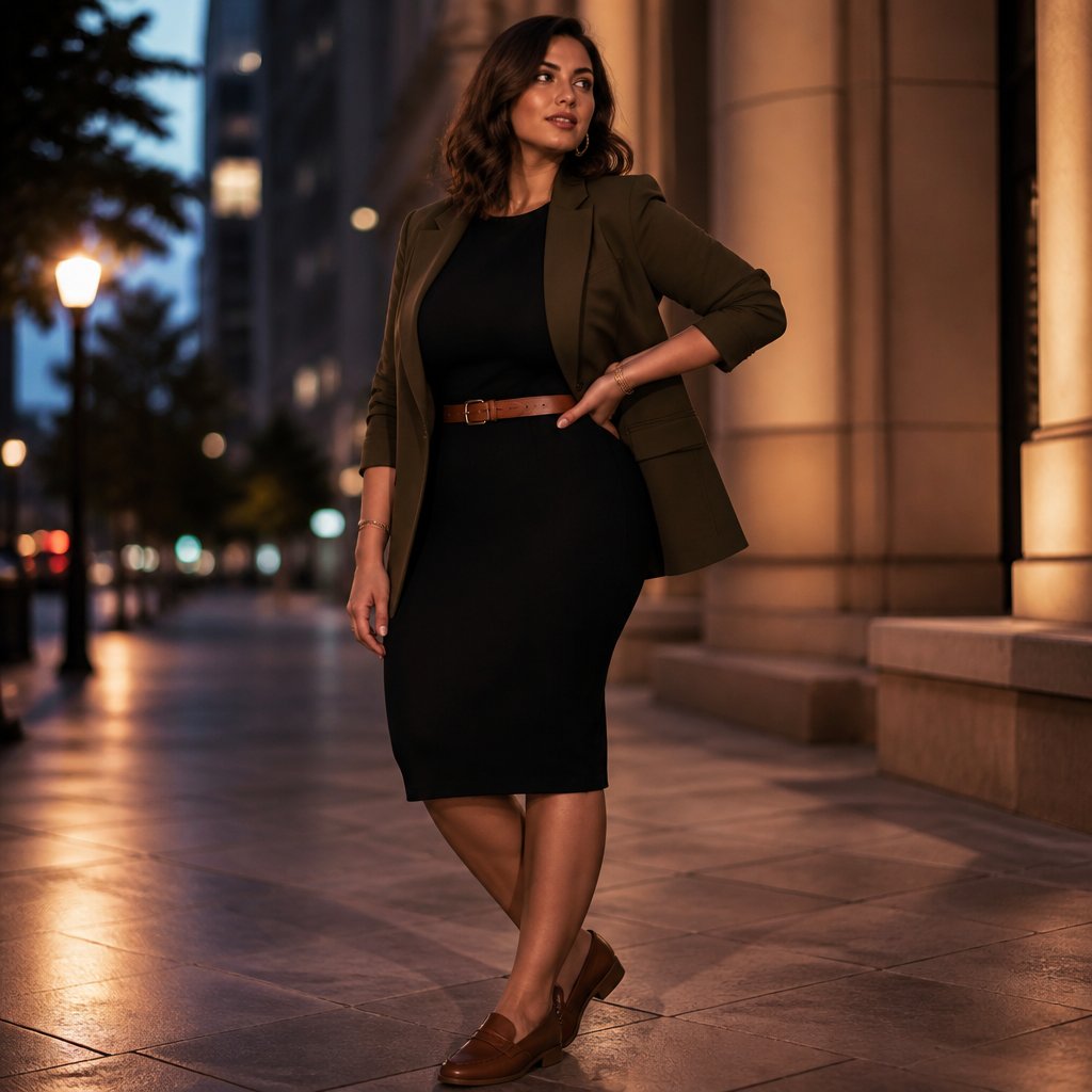 Dark autumn outfit with a warm black dress, olive blazer, brown belt, and loafers on an adult woman in a polished city walkway
