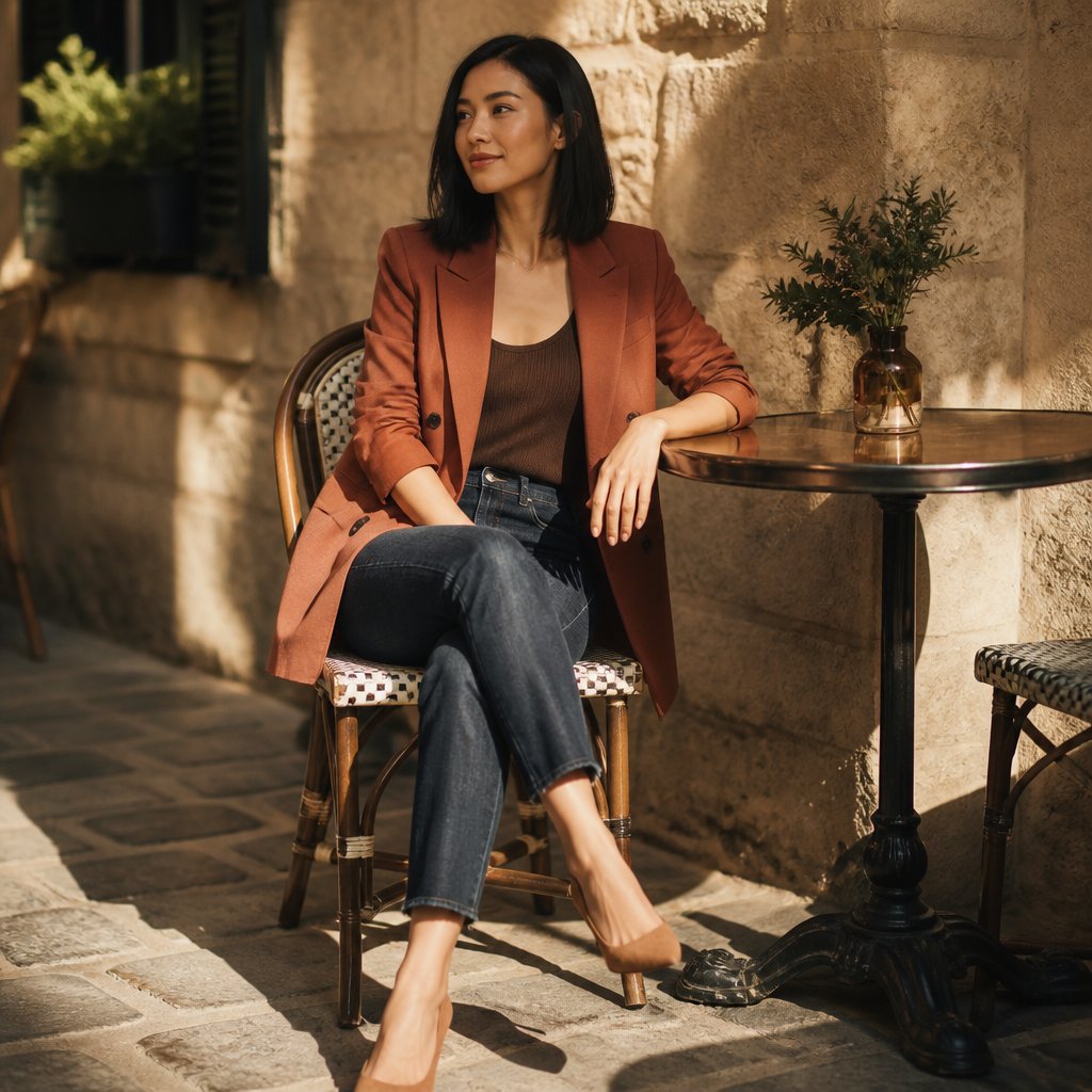 Dark autumn outfit with a rust blazer, espresso tank, dark wash jeans, and camel heels on an adult woman seated at an outdoor café