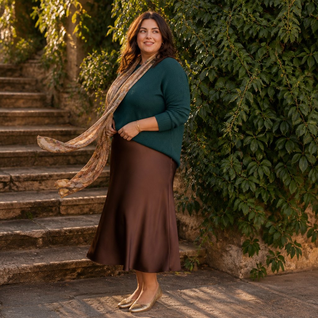 Dark autumn outfit with a deep green sweater, chocolate skirt, gold flats, and a soft scarf on an adult woman in warm late-afternoon light