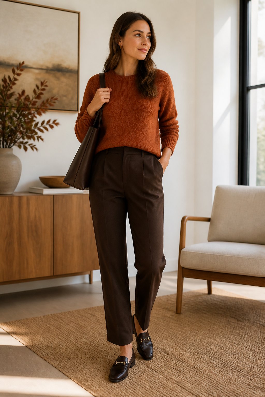 Woman wearing a rust sweater, chocolate trousers, and loafers for a deep autumn outfit