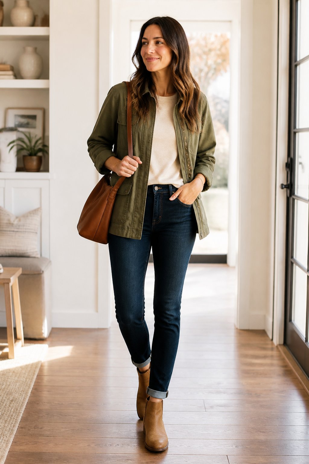 Woman wearing an olive utility jacket, cream tee, and dark denim for a deep autumn outfit