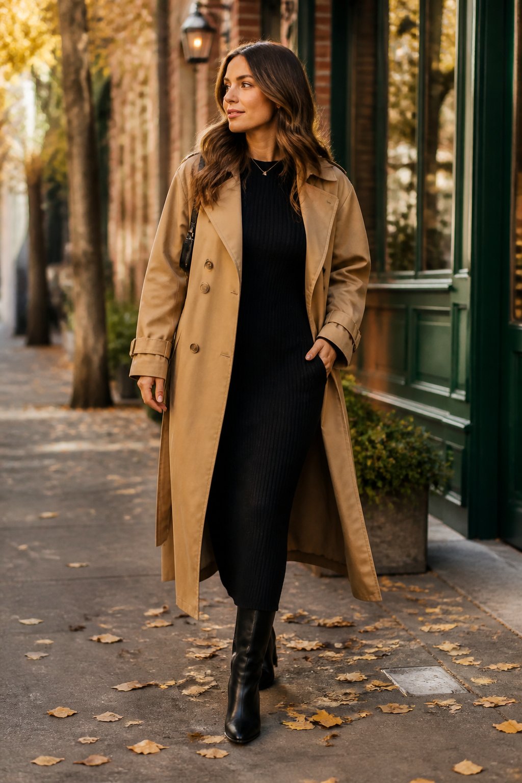 Woman wearing a camel trench, black knit dress, and boots for a deep autumn outfit