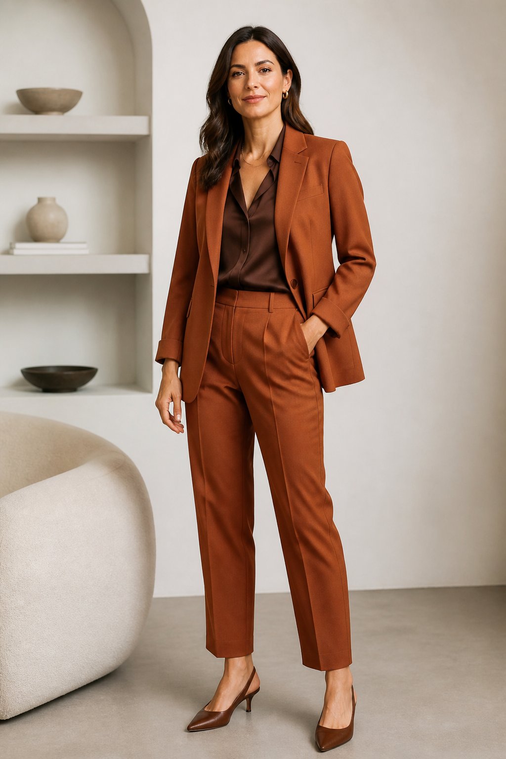 Woman wearing a cinnamon blazer, tailored pants, and slingbacks for a deep autumn outfit