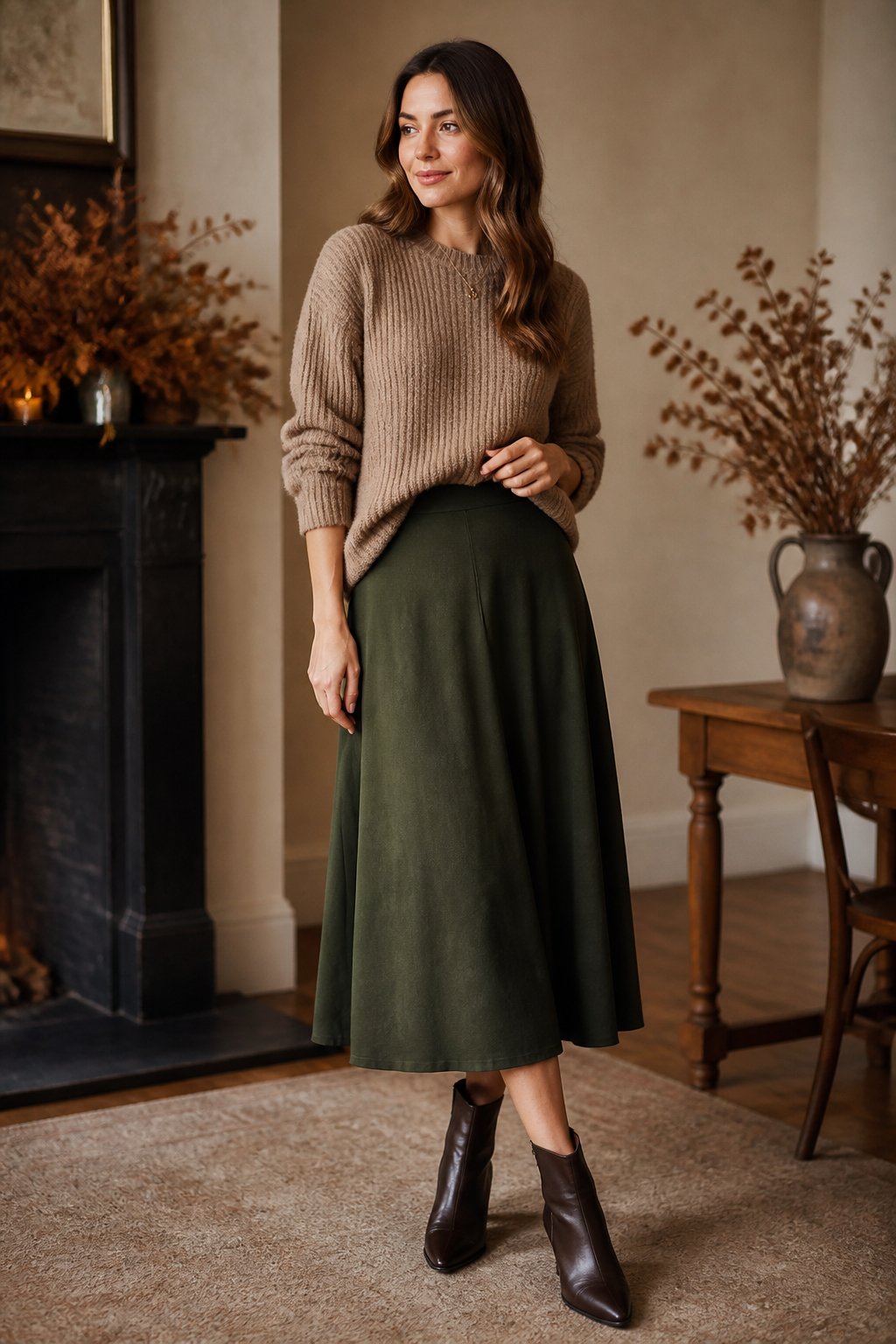 Woman wearing a forest green midi skirt, knit top, and ankle boots for a deep autumn outfit
