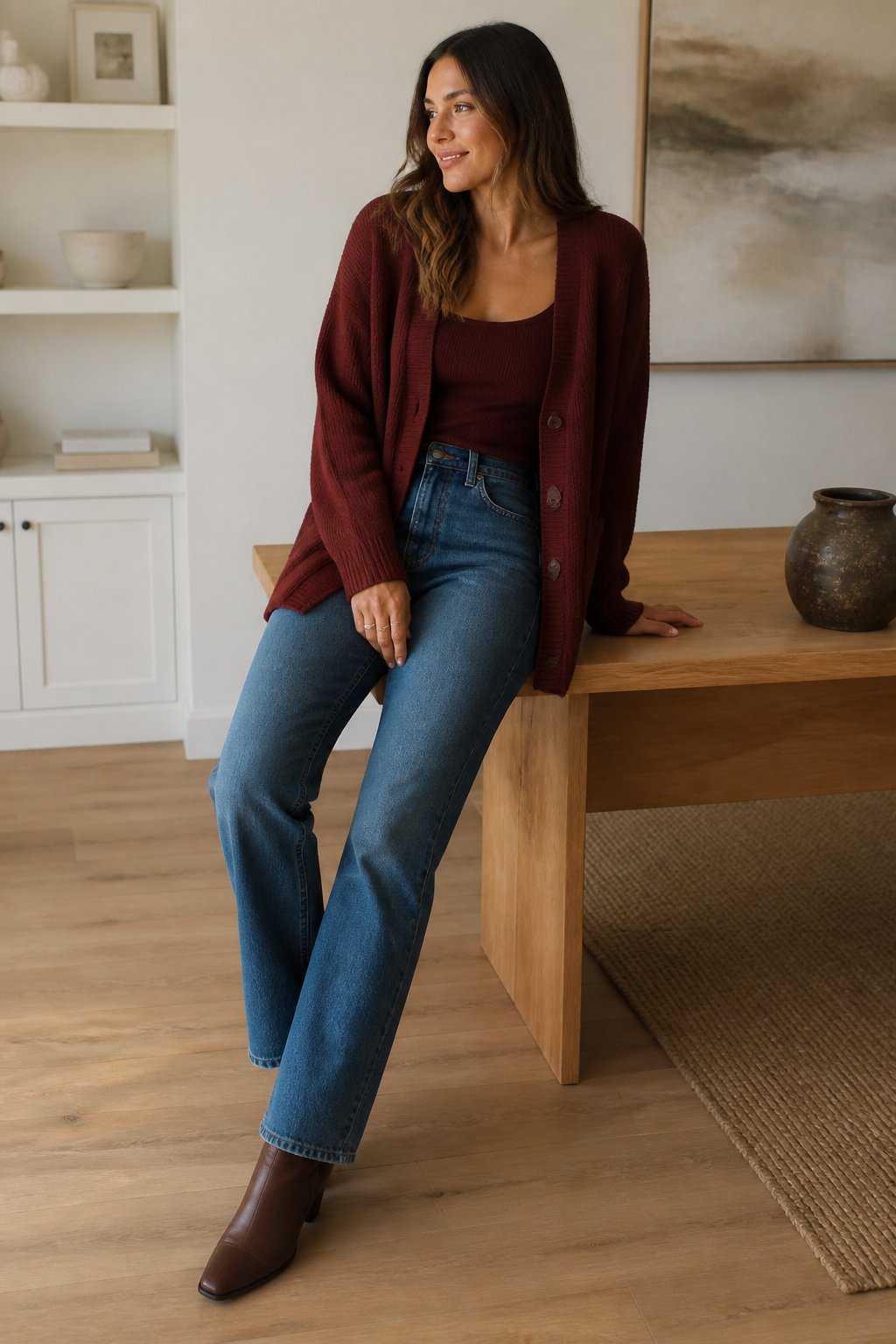 Woman wearing a burgundy cardigan, ribbed tank, and straight jeans for a deep autumn outfit
