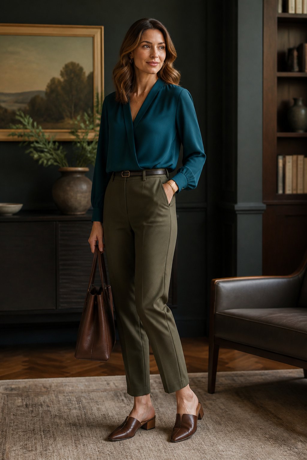 Woman wearing a deep teal blouse, olive pants, and mules for a deep autumn outfit