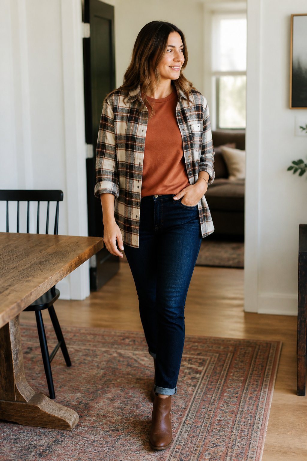 Woman wearing a plaid overshirt, rust tee, and dark denim for a deep autumn outfit