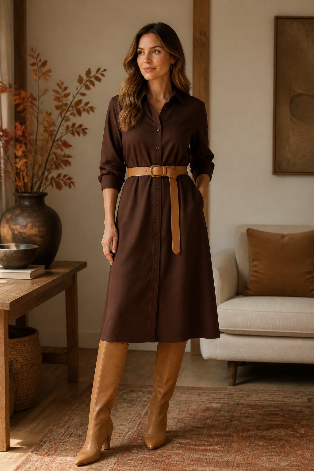Woman wearing a chocolate shirt dress, camel belt, and boots for a deep autumn outfit