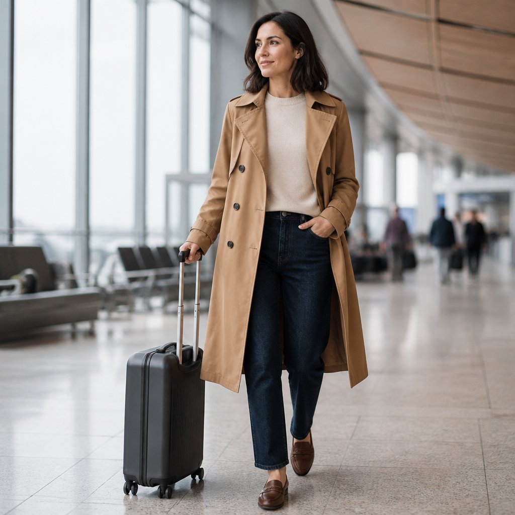 Fall travel outfit with a trench coat, fine-gauge sweater, straight jeans, and leather loafers on an adult woman walking through a bright airport concourse