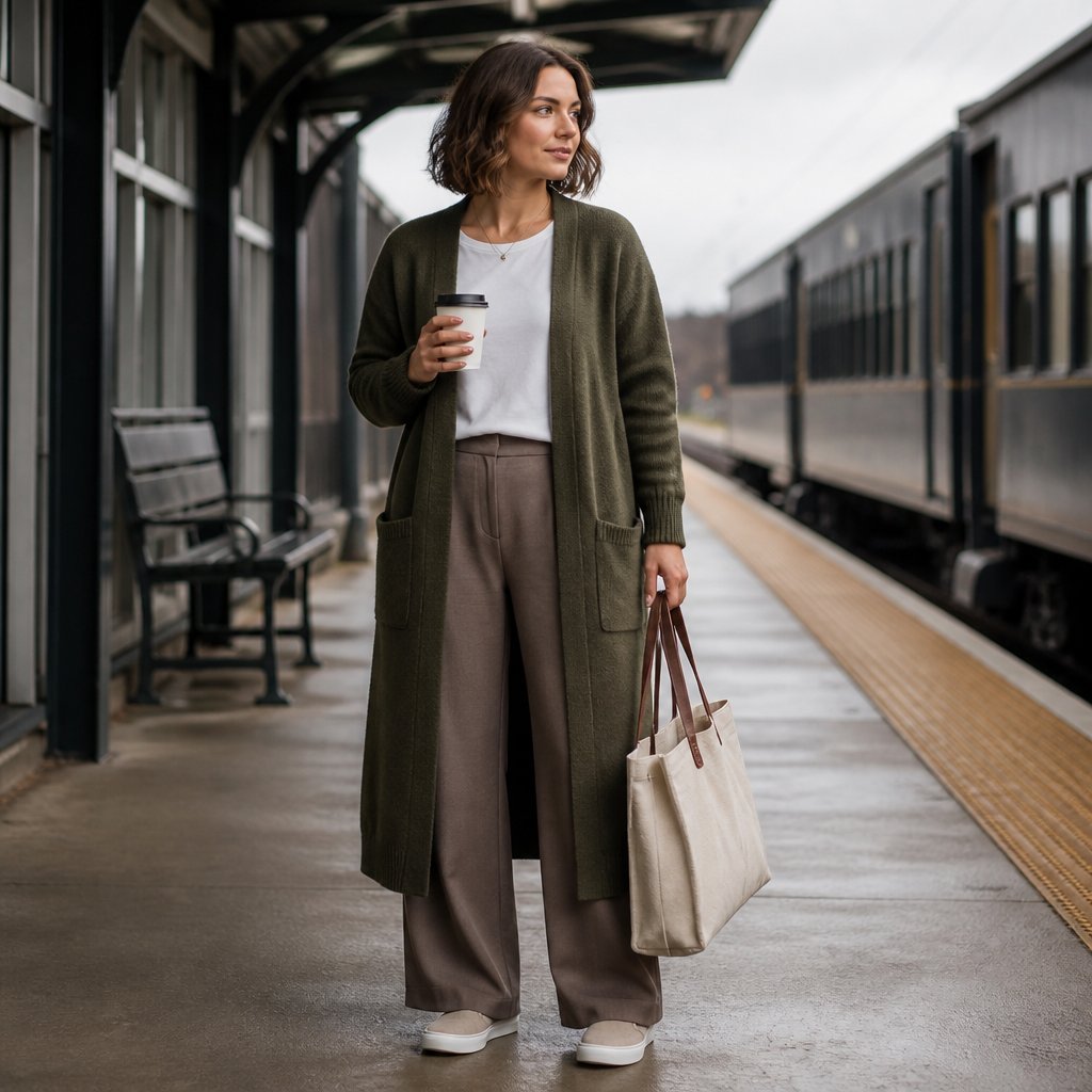 Fall travel outfit with a long cardigan, white tee, wide-leg trousers, and slip-on sneakers on an adult woman standing beside a train platform