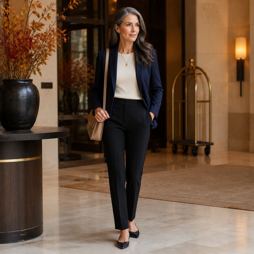 Fall travel outfit with a blazer, knit top, tailored pants, and pointed flats on an adult woman in a hotel lobby