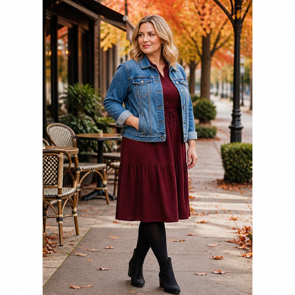 Fall travel outfit with a denim jacket, midi dress, tights, and ankle boots on an adult woman near a city café street