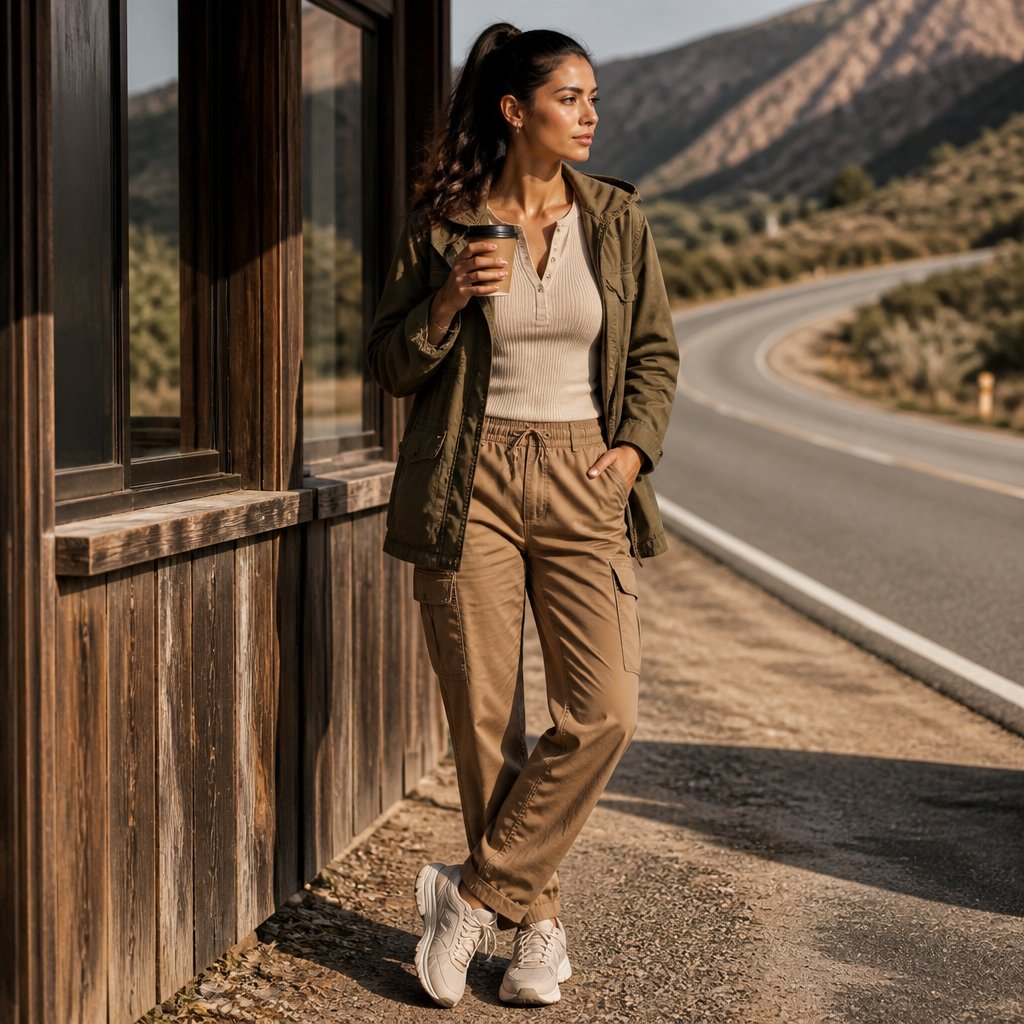 Fall travel outfit with a utility jacket, ribbed top, cargo pants, and walking sneakers on an adult woman at a roadside stop
