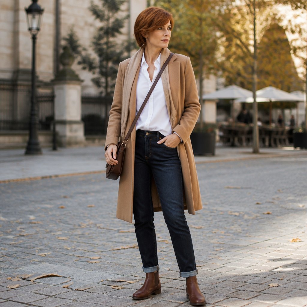 Fall travel outfit with a scarf coat, button-up shirt, dark jeans, and Chelsea boots on an adult woman standing in a breezy city square