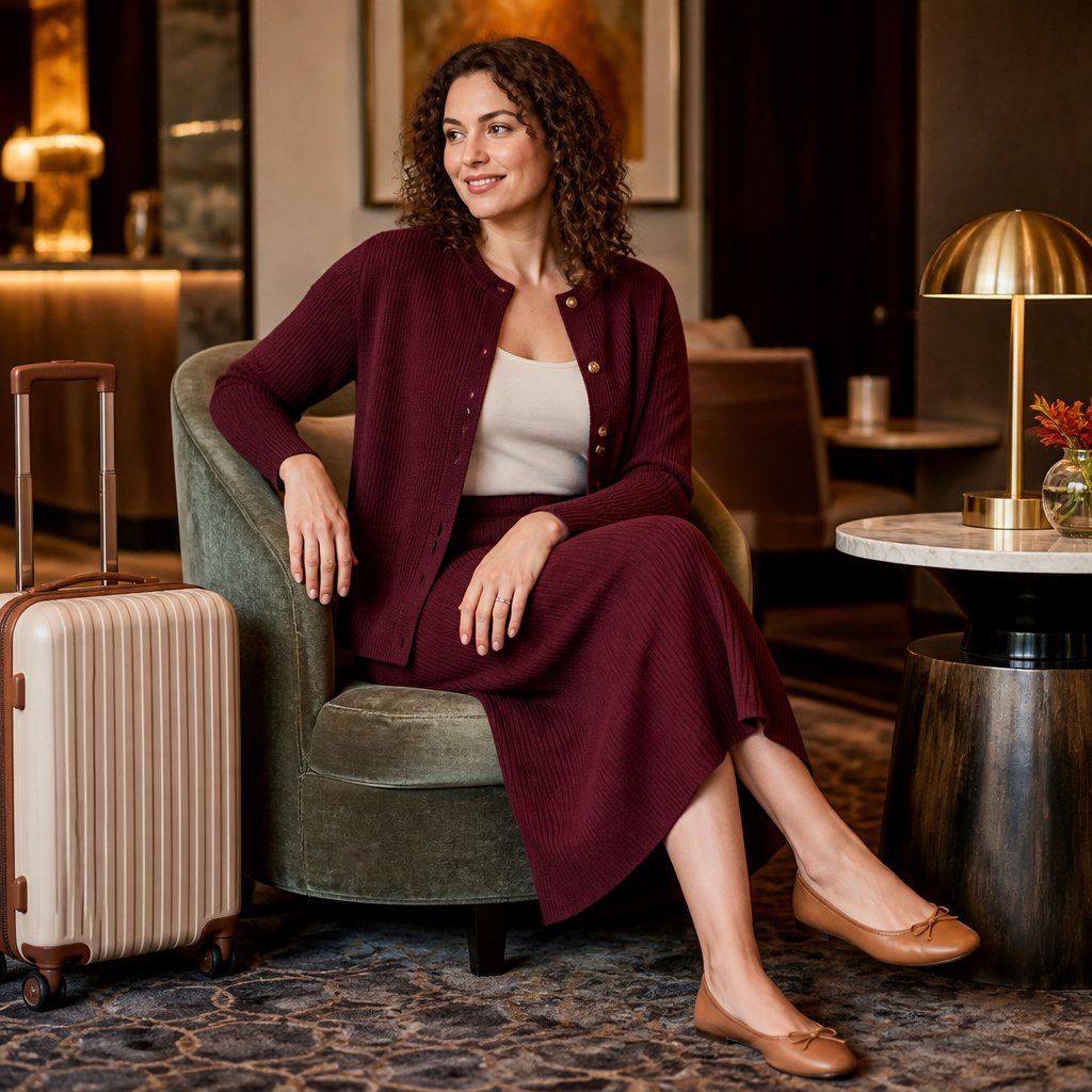 Fall travel outfit with a cardigan set, midi skirt, tank, and ballet flats on an adult woman seated in a hotel lounge