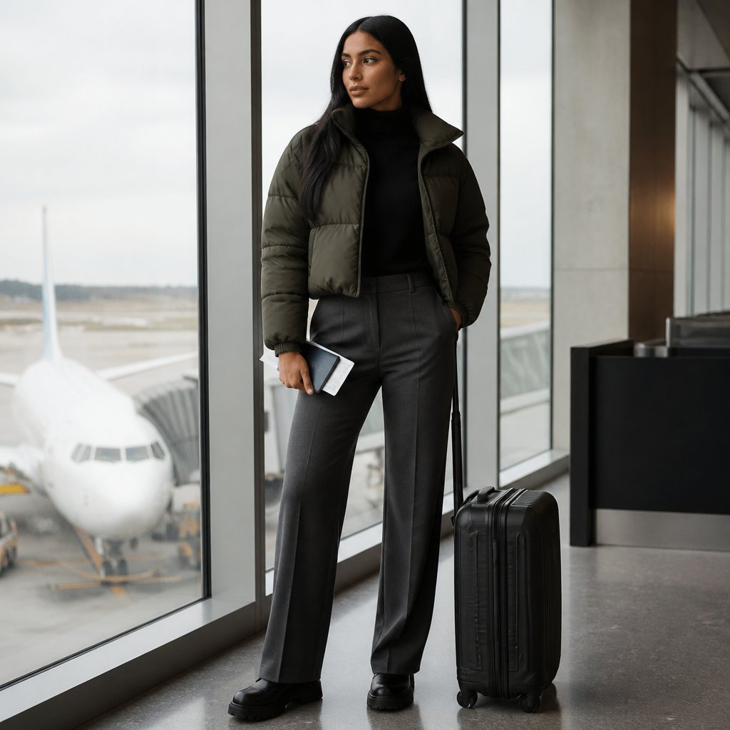 Fall travel outfit with a lightweight puffer, turtleneck, travel pants, and lug sole boots on an adult woman at an airport gate