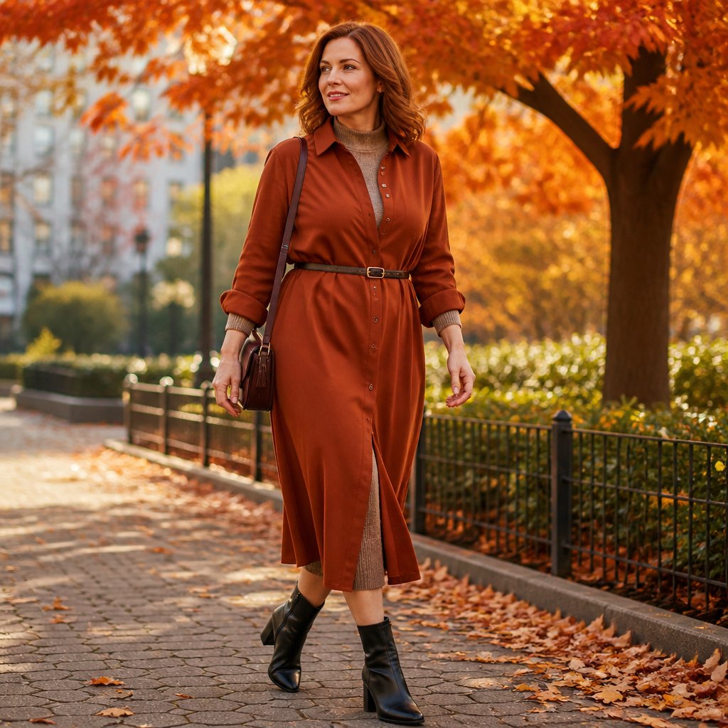 Fall travel outfit with a shirt dress, knit layer, belt, and block-heel boots on an adult woman walking past autumn trees