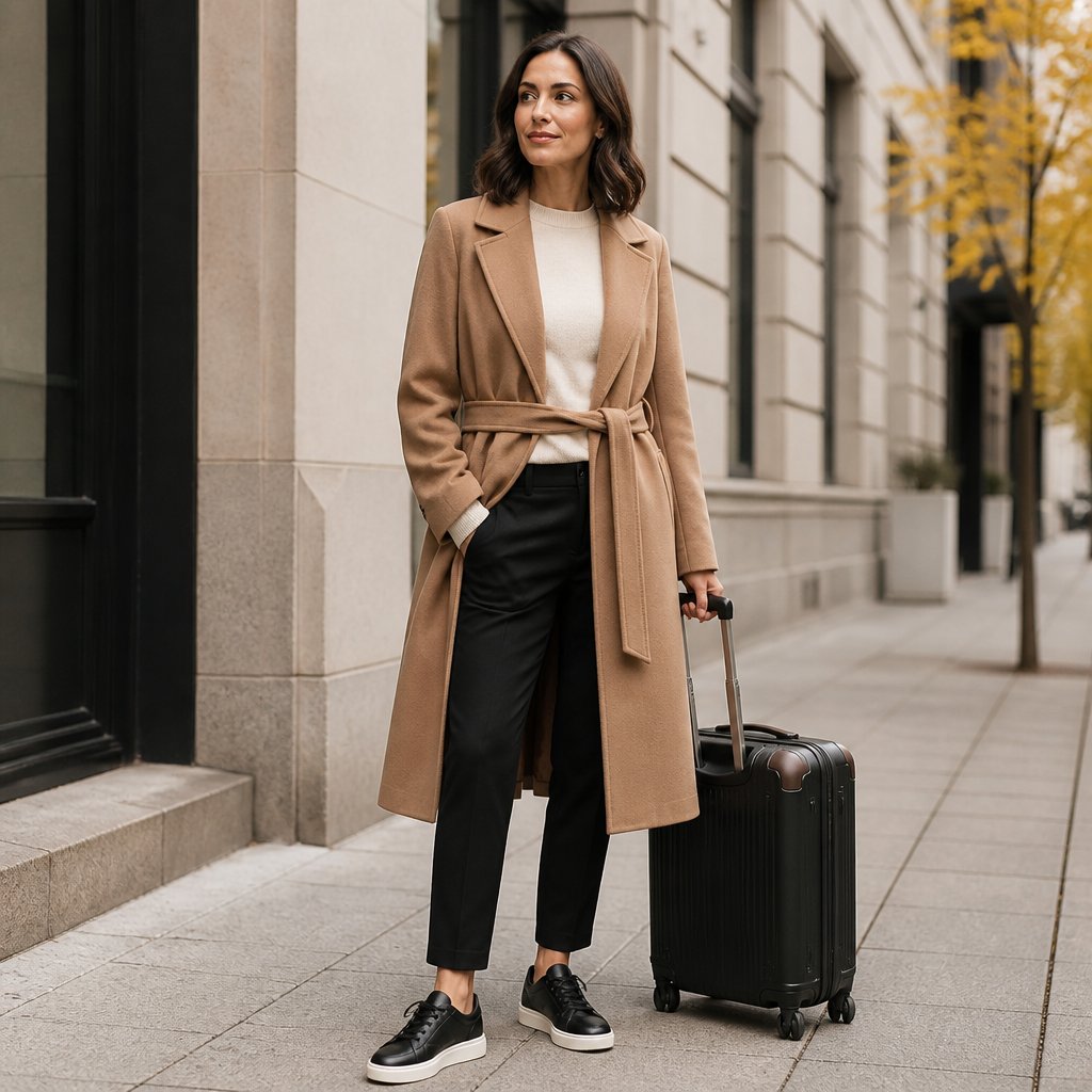 Fall travel outfit with a wrap coat, sweater, trousers, and leather sneakers on an adult woman in a quiet downtown street