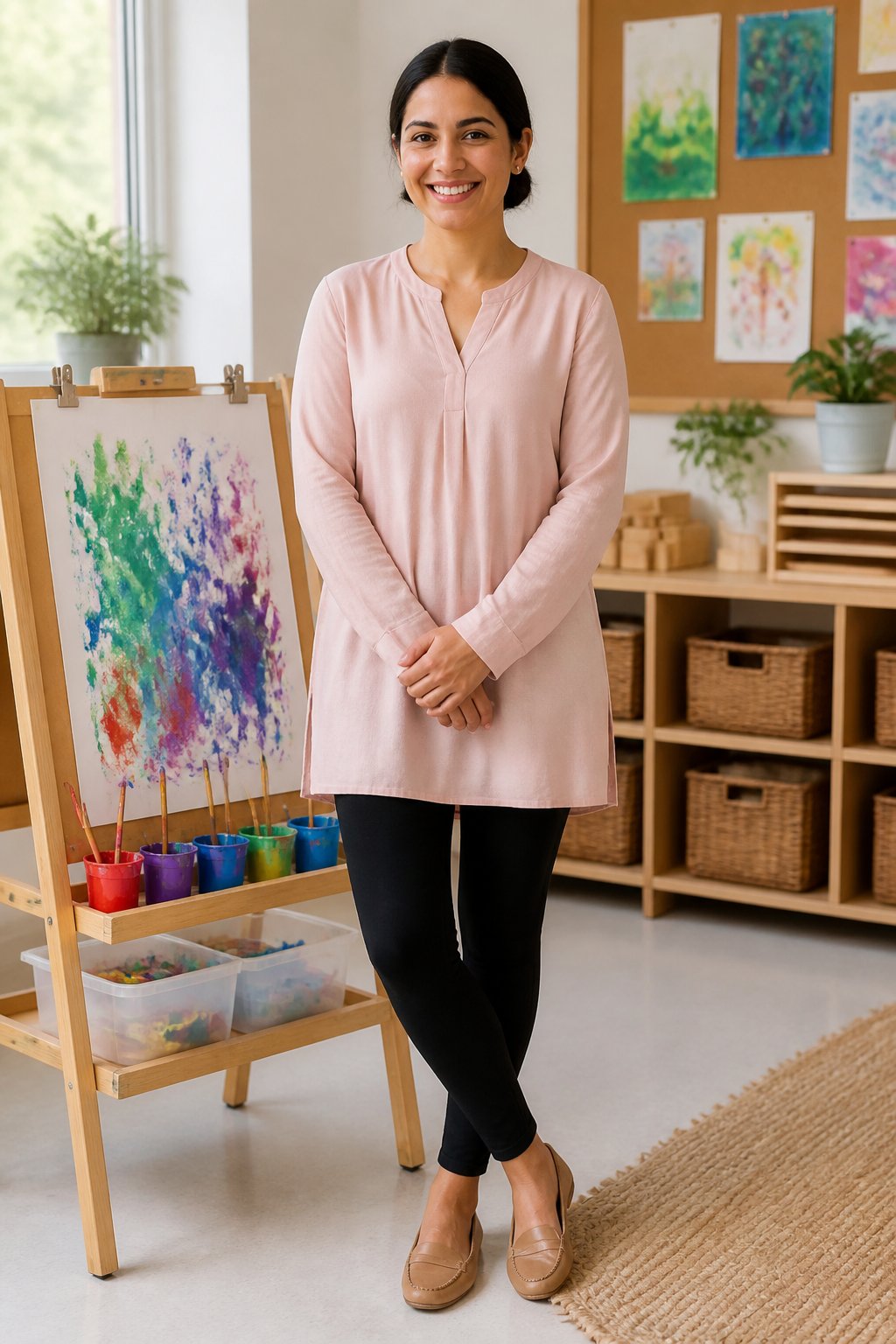 Blush tunic over black leggings and slip-on tan loafers for a kindergarten teacher
