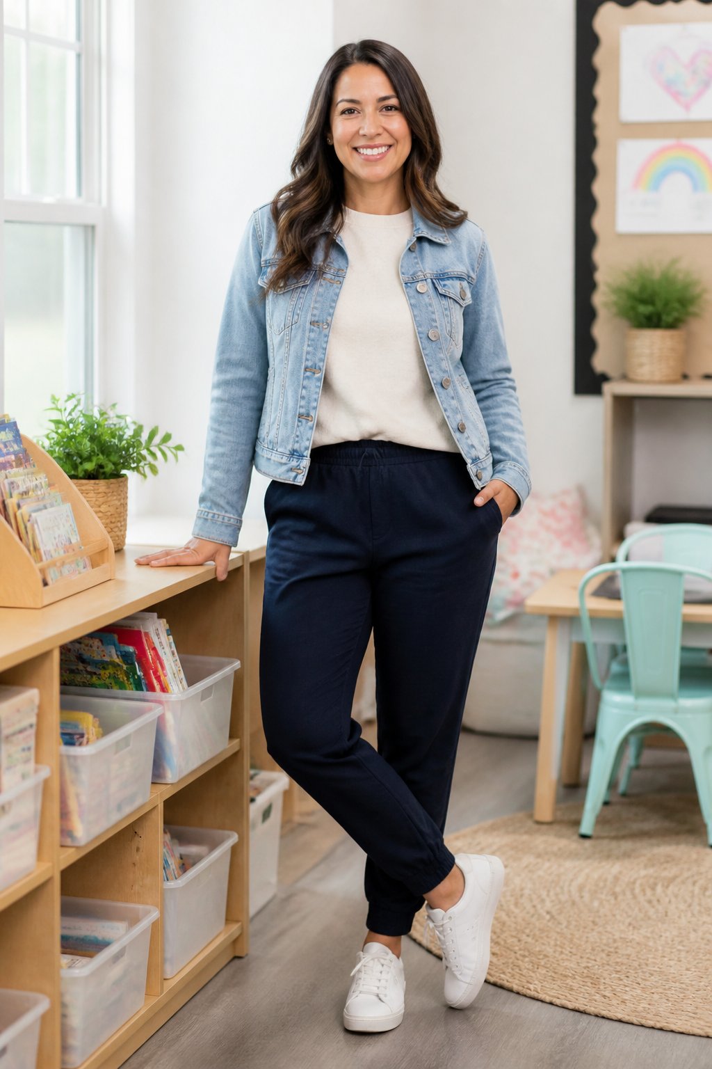Light-wash denim jacket over a cream sweatshirt and navy pull-on pants for a kindergarten teacher