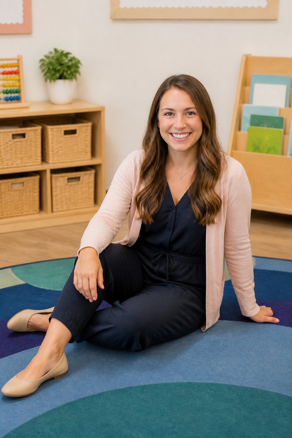Navy romper with a blush cardigan and nude flats for a kindergarten teacher