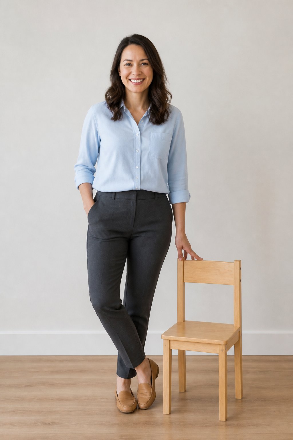 Light blue button-up shirt with charcoal stretchy trousers and slip-on tan loafers for a kindergarten teacher