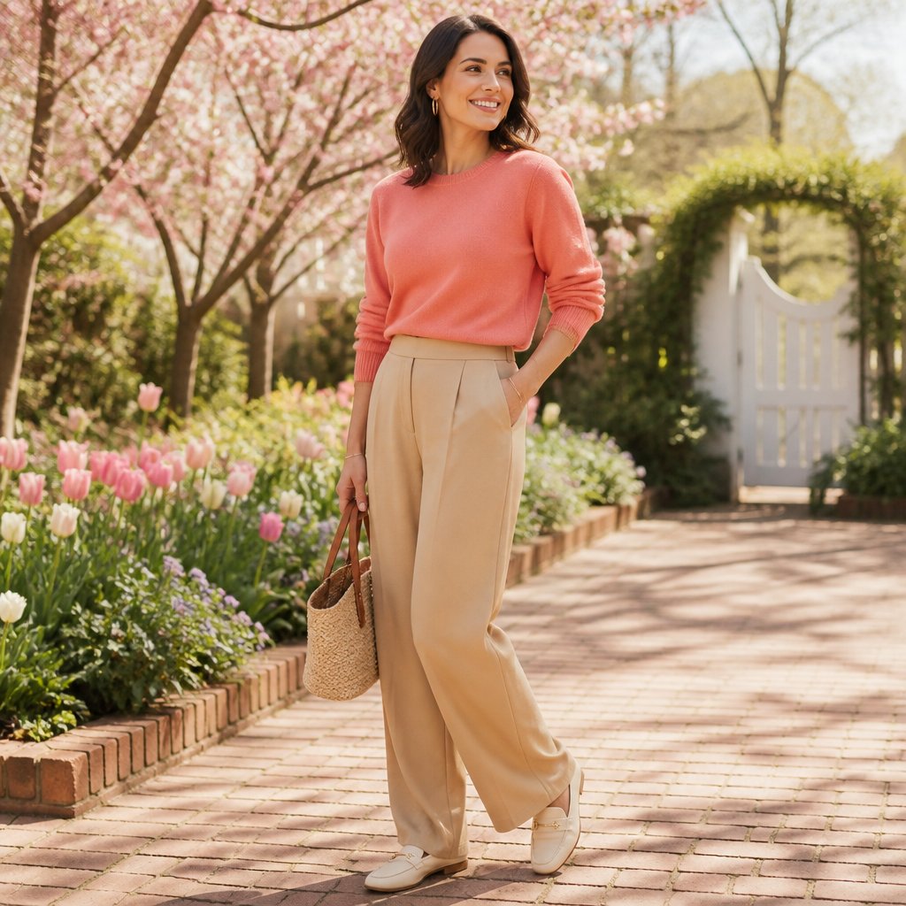Light spring capsule outfit: soft peach blouse with ivory wide-leg trousers and warm tan flat sandals in a sunlit room
