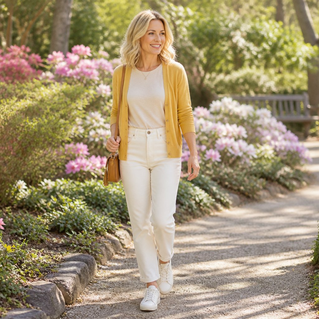 Light spring capsule outfit: coral fine-gauge sweater with light camel trousers and cream loafers