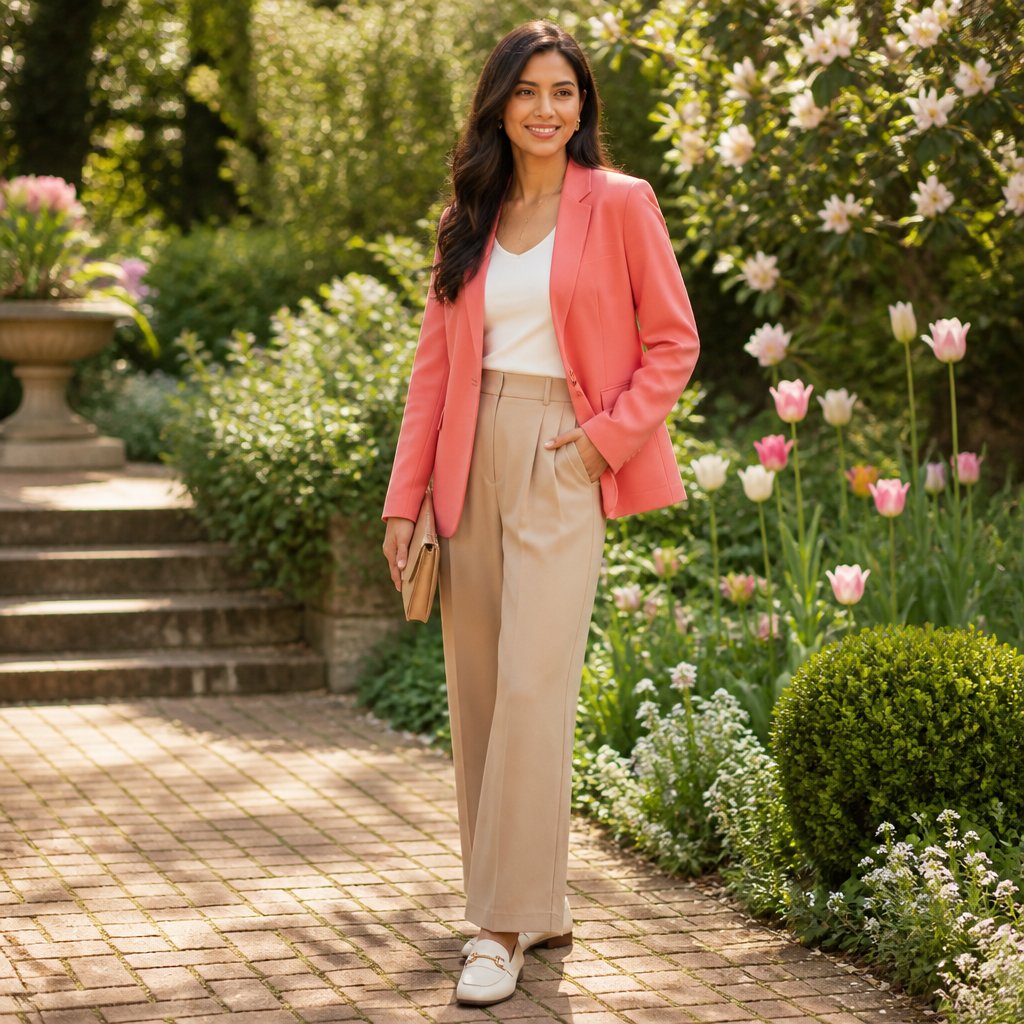 Light spring capsule outfit: warm pink top with a soft turquoise A-line skirt and ivory ballet flats