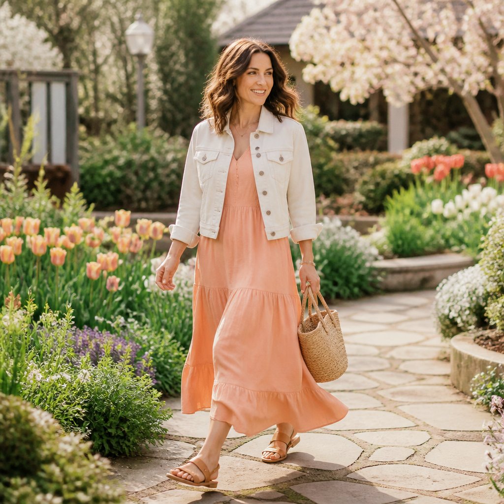 Light spring capsule outfit: ivory midi shirt dress with a light camel belt and tan low block heels