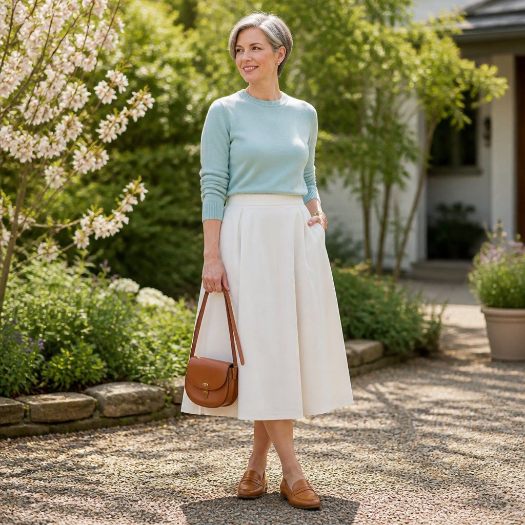 Light spring capsule outfit: light goldenrod cardigan over a soft cream tee with ivory jeans and warm white sneakers