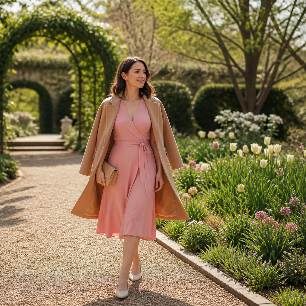 Light spring capsule outfit: soft apricot tee with cream linen trousers and tan flat sandals