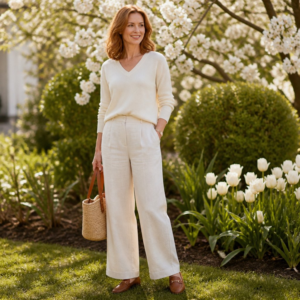 Light spring capsule outfit: coral blazer with a warm white shell and light camel trousers