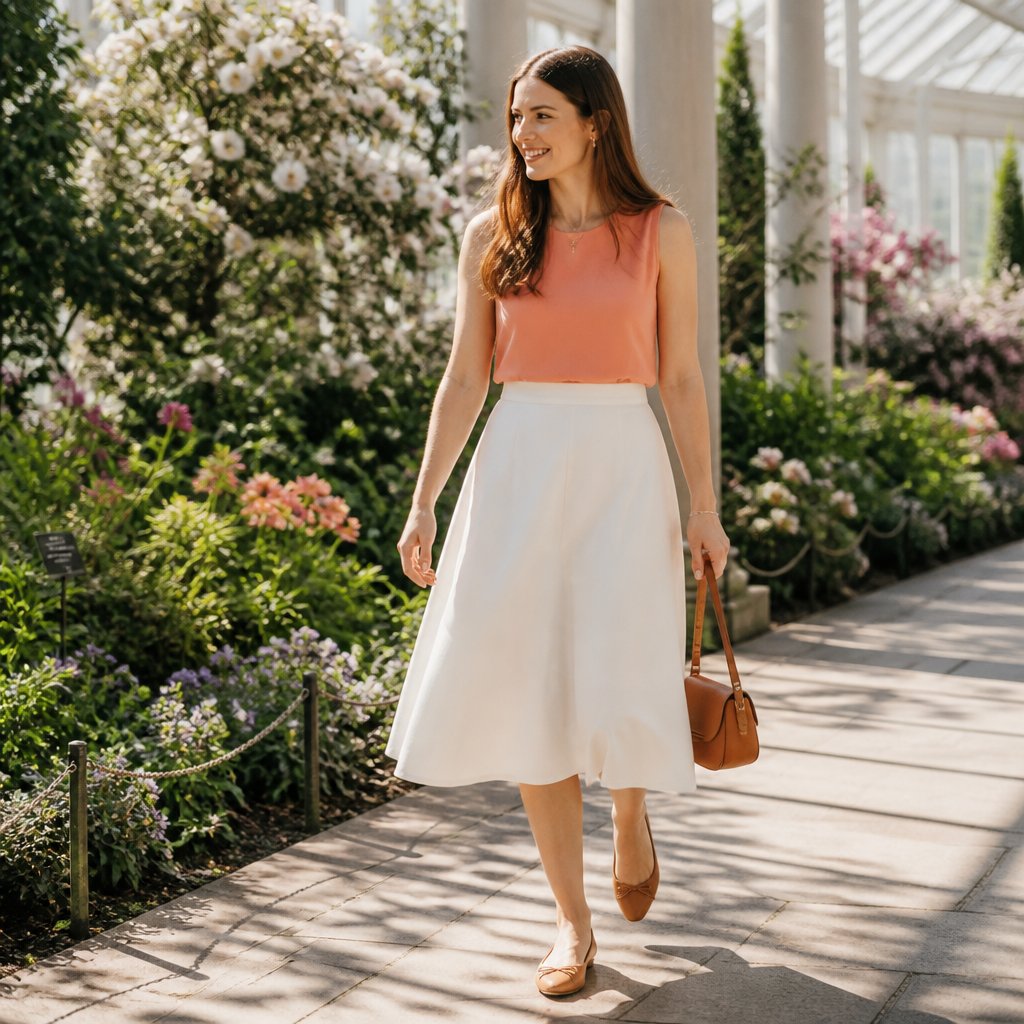 Light spring capsule outfit: peach long-sleeve maxi dress with a cream denim jacket and tan flat sandals