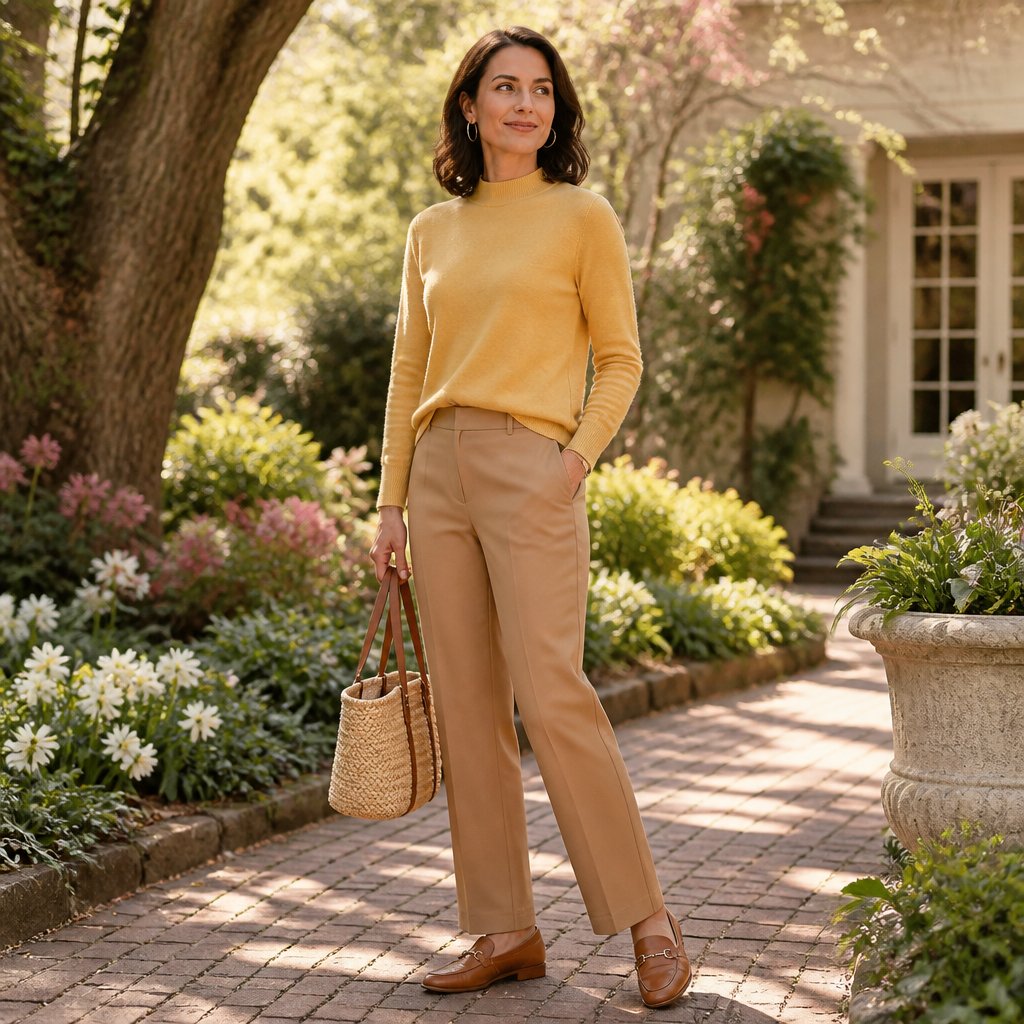 Light spring capsule outfit: light turquoise fine-gauge sweater with an ivory A-line skirt and warm tan loafers