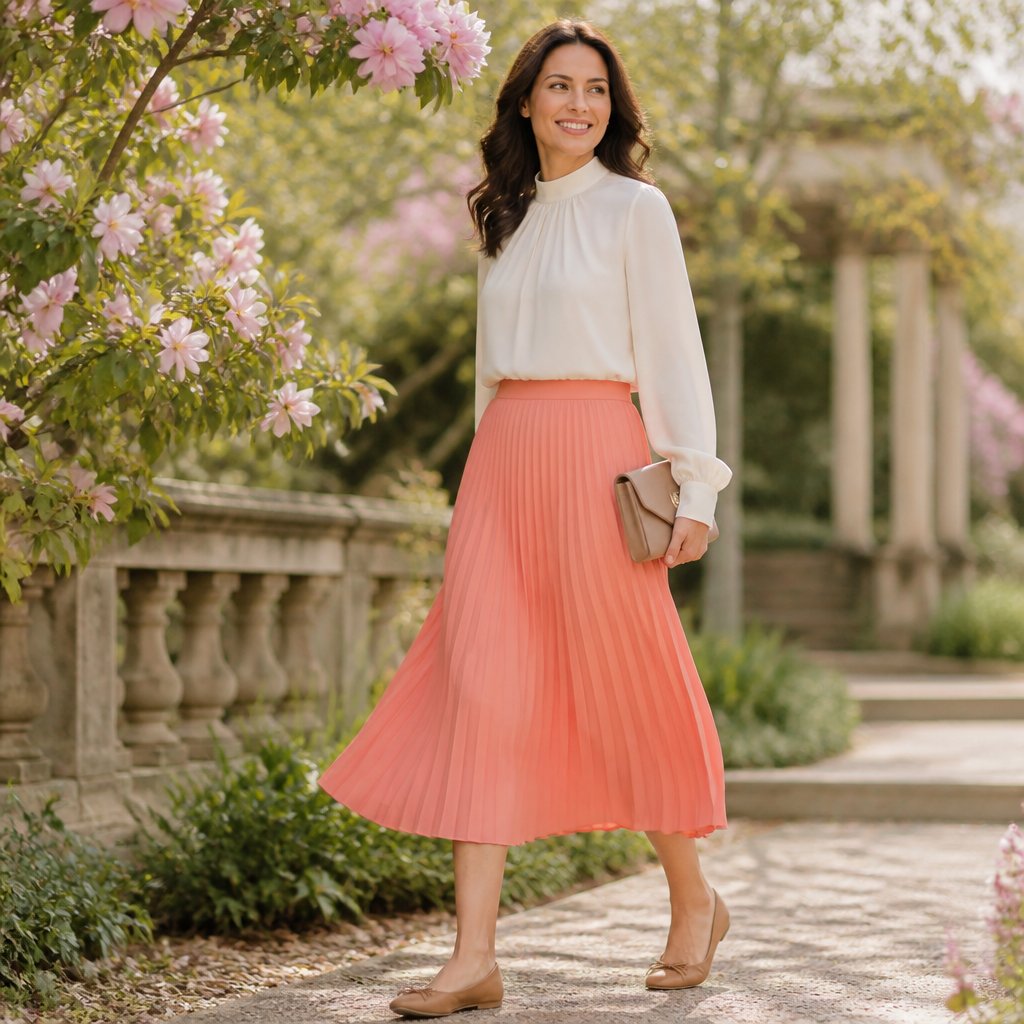 Light spring capsule outfit: warm pink wrap dress with a soft camel coat and cream low heels