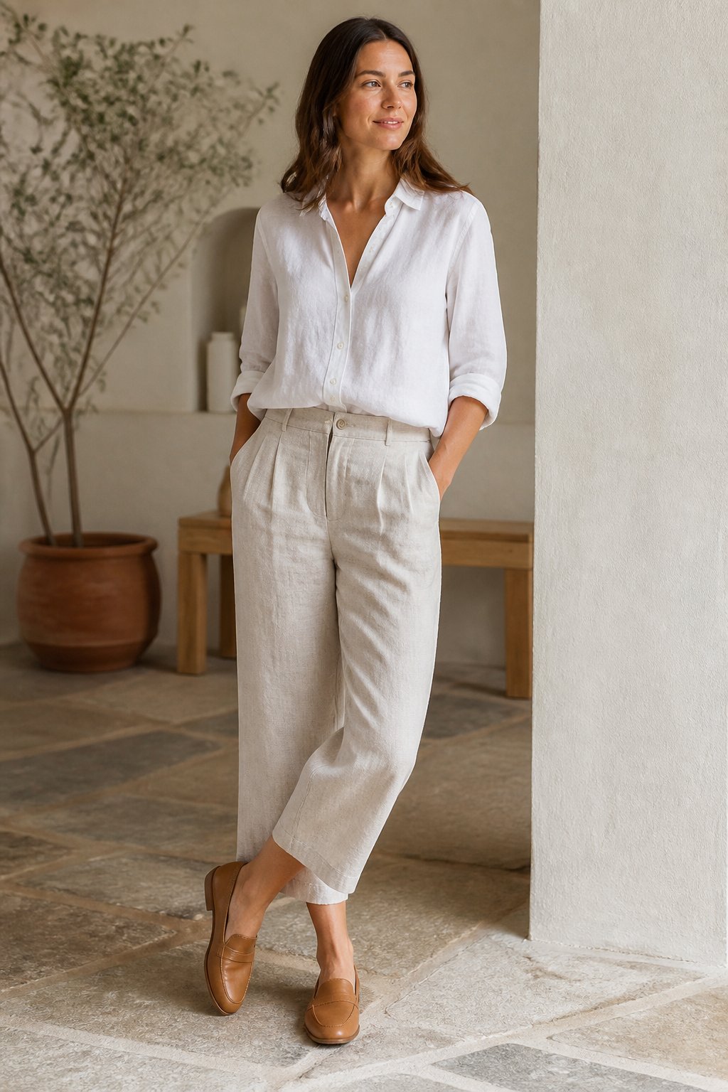 Light Summer Capsule Wardrobe Ideas for Cooler, Airier Outfits outfit idea 2: Linen Blouse With Cropped Trousers and Loafers
