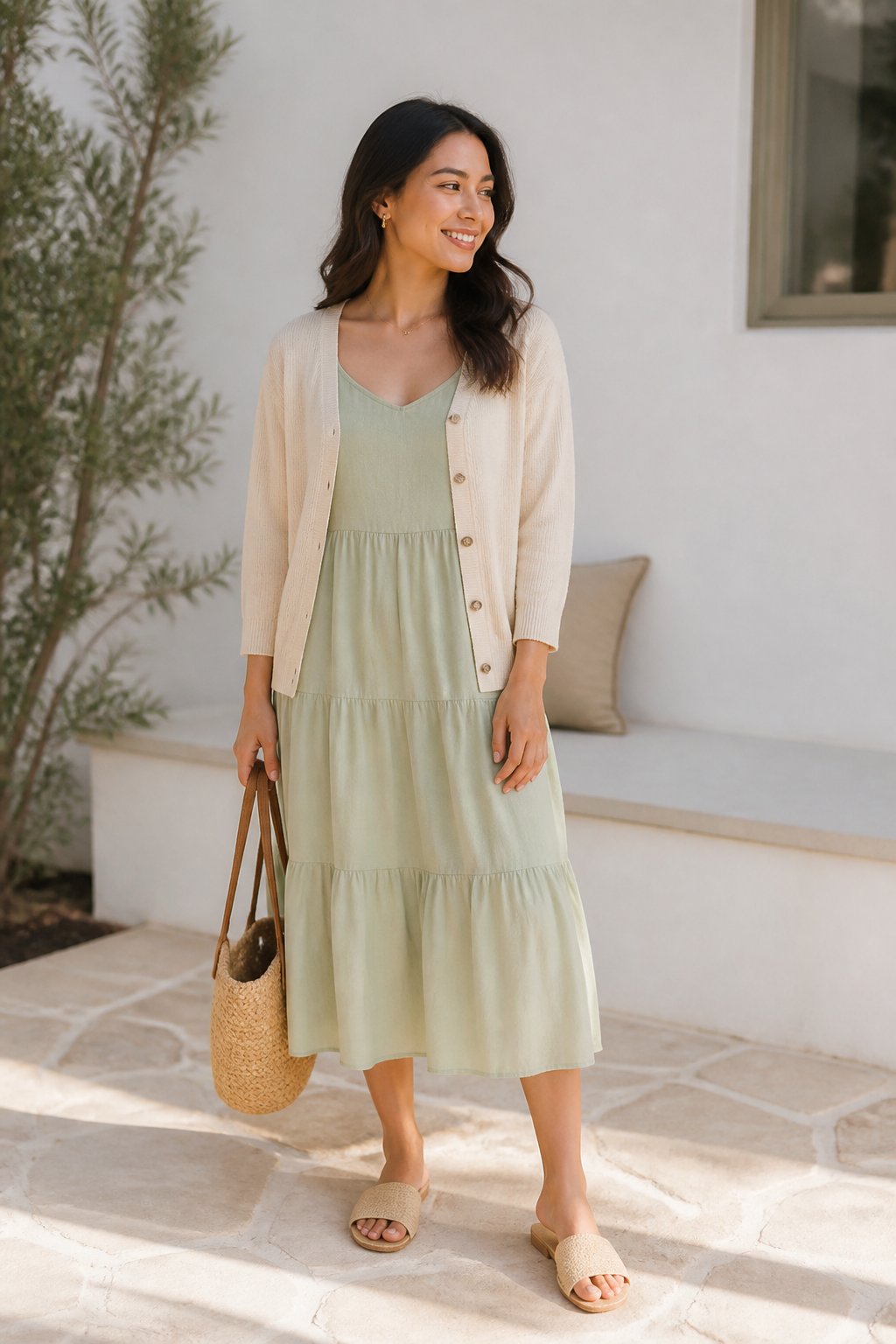 Light Summer Capsule Wardrobe Ideas for Cooler, Airier Outfits outfit idea 3: Sleeveless Midi Dress With a Lightweight Cardigan and Slides