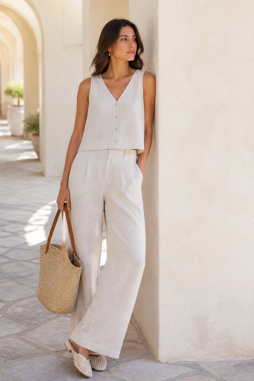 Light Summer Capsule Wardrobe Ideas for Cooler, Airier Outfits outfit idea 8: Monochrome Set With Minimal Jewelry and Low Mules