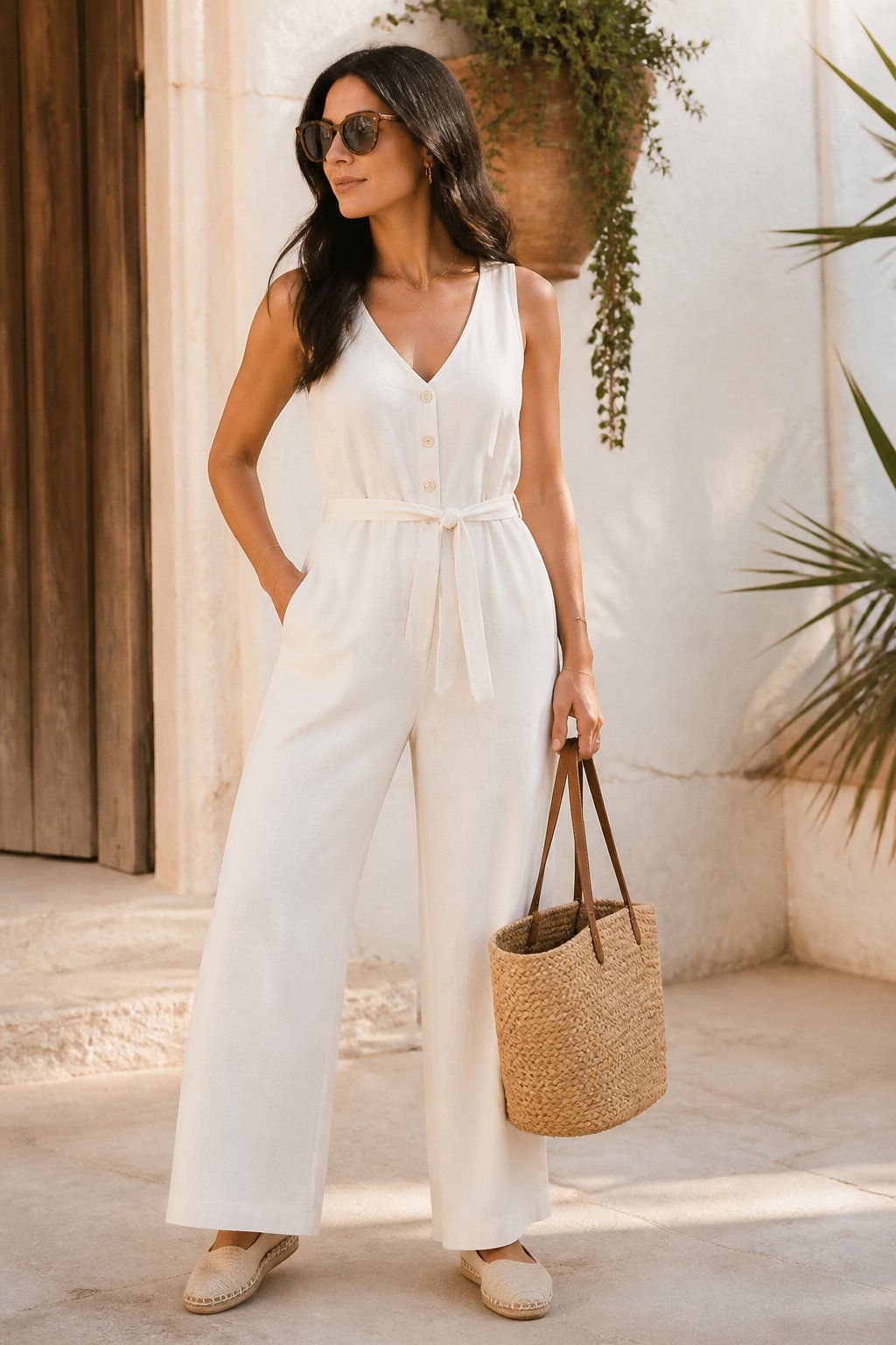Light Summer Capsule Wardrobe Ideas for Cooler, Airier Outfits outfit idea 10: Easy Jumpsuit With a Straw Tote and Espadrilles