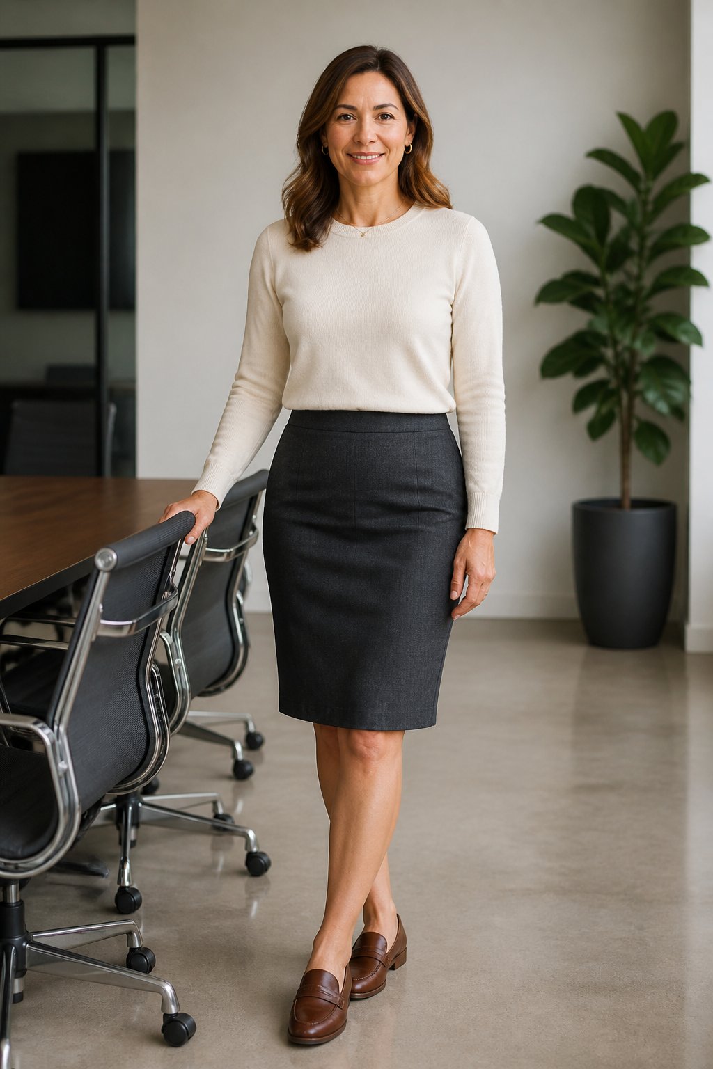 Charcoal pencil skirt with a soft cream sweater and brown loafers for midsize business casual