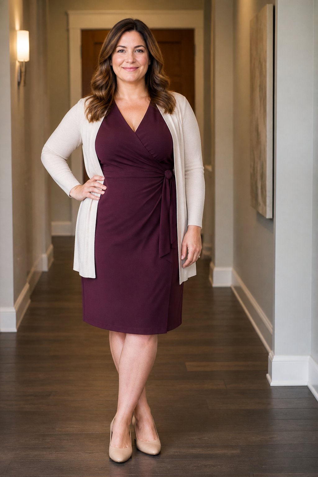 Burgundy wrap dress with a cream cardigan and low block-heel nude pumps for midsize business casual