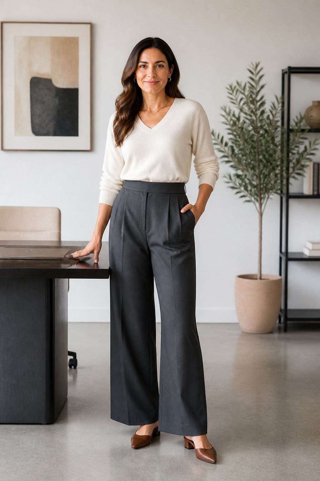 Charcoal high-waisted wide-leg pants with a soft cream knit top and brown mules for midsize business casual