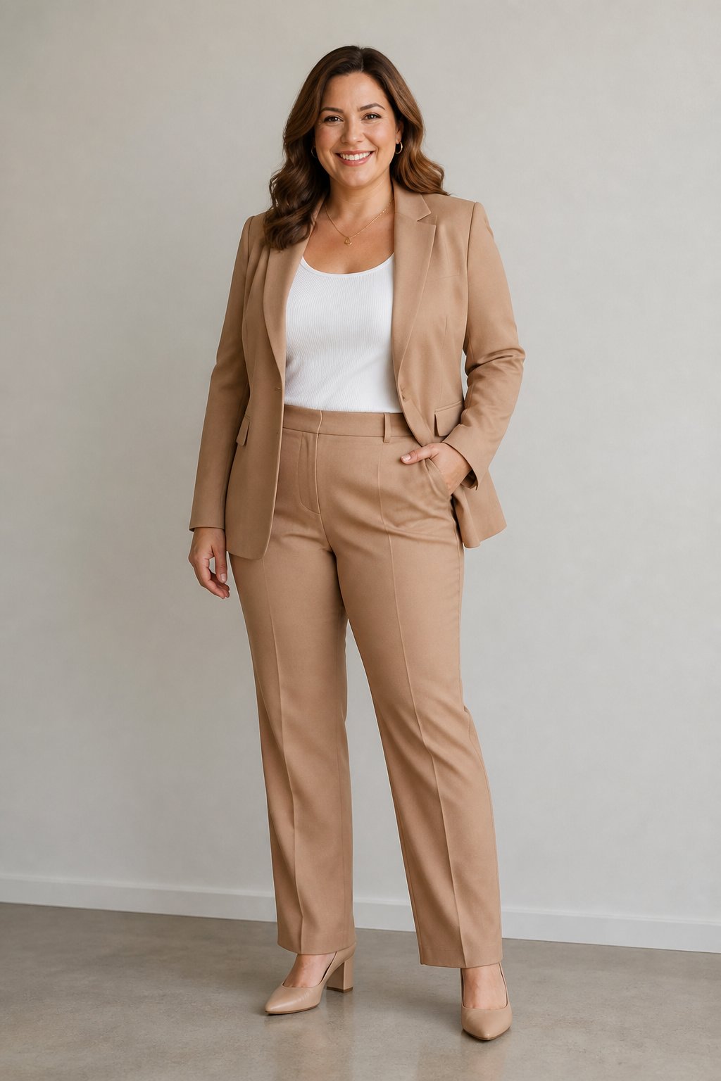 Soft camel trouser suit with a simple white tank and low block-heel pumps for midsize business casual