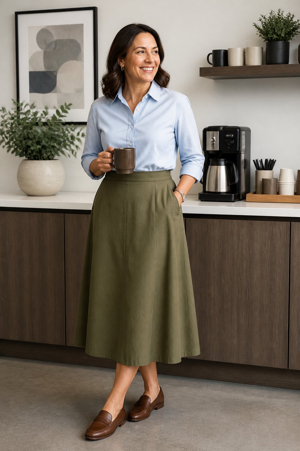 Olive A-line midi skirt with a tucked light-blue button-up and brown loafers for midsize business casual